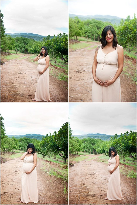 4 photo grid of a woman in different maternity poses outdoors in a natural landscape