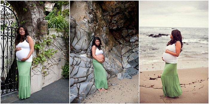 Triptych portrait of a woman in different maternity photography poses outdoors in a natural landscape
