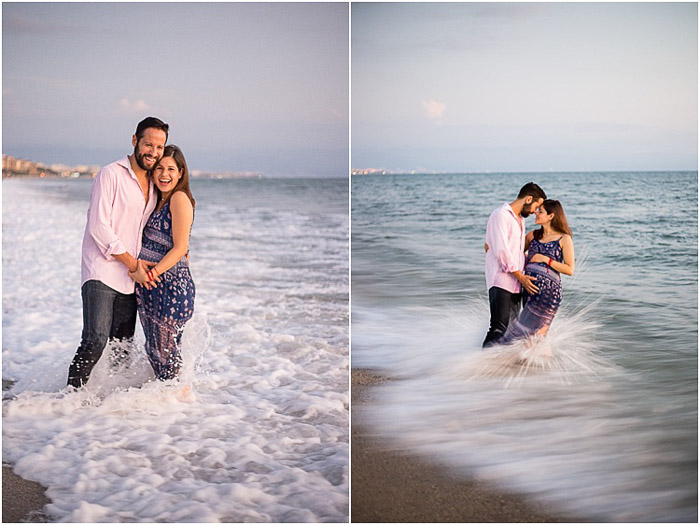 Diptych portrait of a couple on a beach posing for a maternity photography session