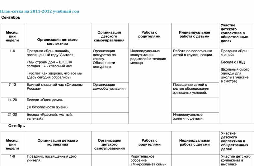 План сетка мероприятий в школе