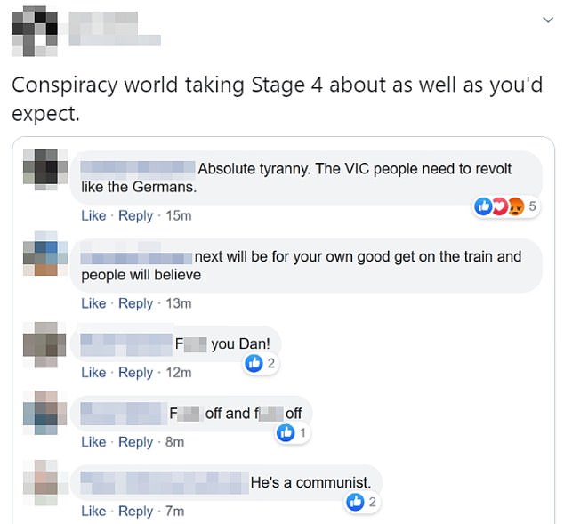 A Twitter user reposted the Facebook comments by anti-lockdown conspiracy theorists who compared Melbourne