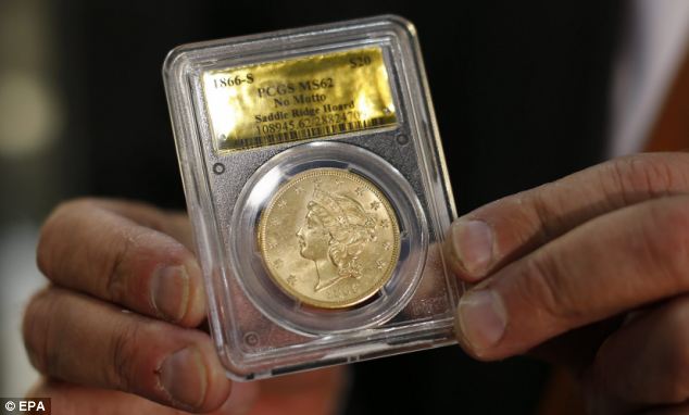 A very rare twenty dollar US gold count from 1866 is shown from the Saddle Ridge Hoard coin collection at the National Money Show in Marietta, Georgia, on Thursday