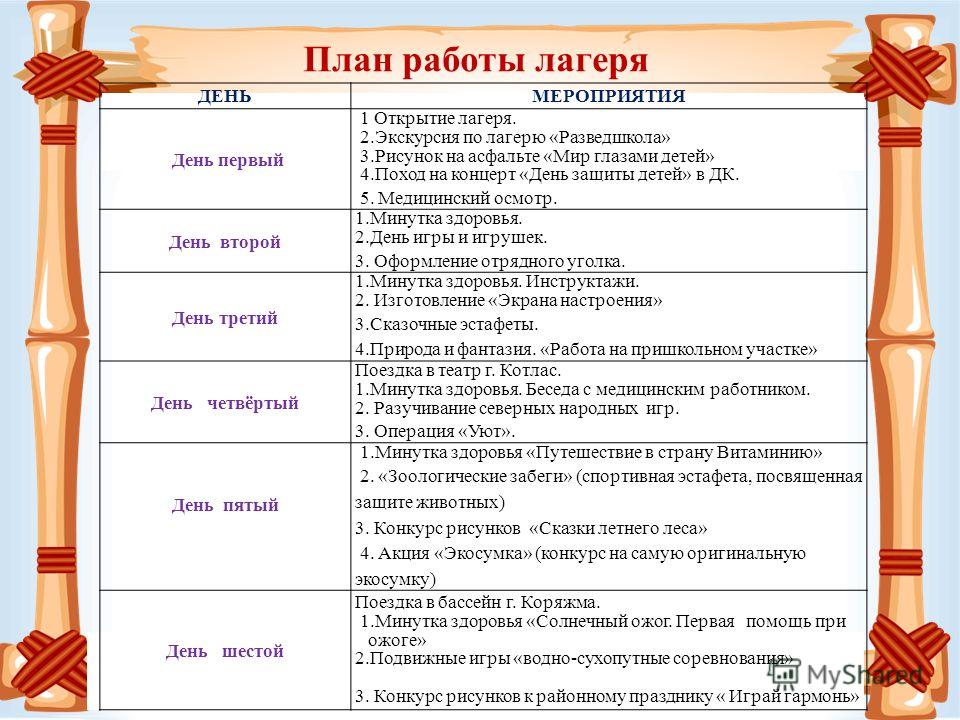 План работы в лагере