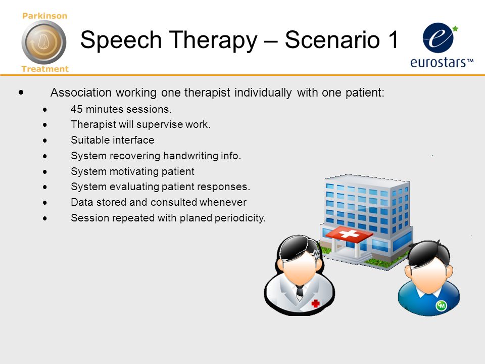 Speech Therapy – Scenario 1  Association working one therapist individually with one patient:  45 minutes sessions.
