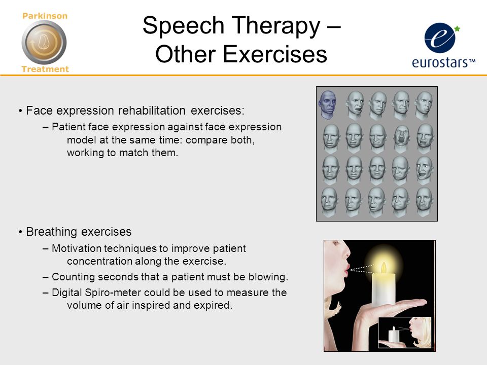 Speech Therapy – Other Exercises Face expression rehabilitation exercises: – Patient face expression against face expression model at the same time: compare both, working to match them.