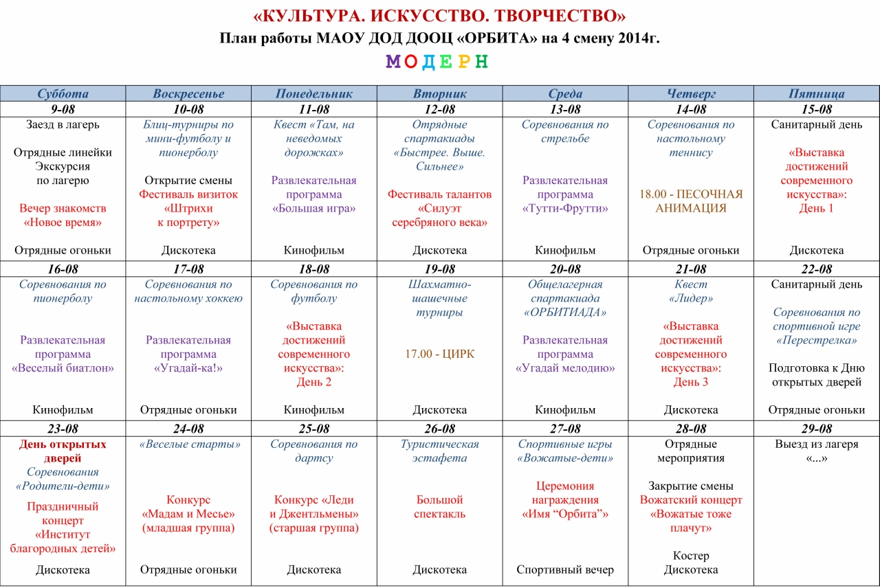 План сетка в лагерь на 18 день для вожатого