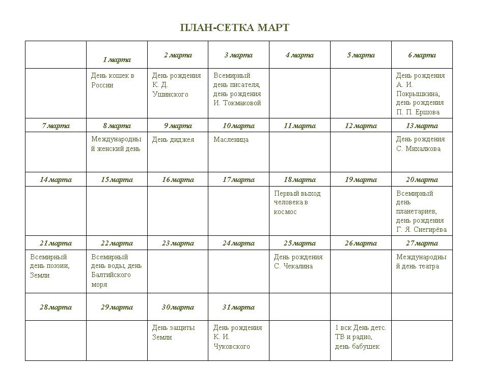 Недельный план работы