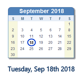 September 18, 2018 calendar