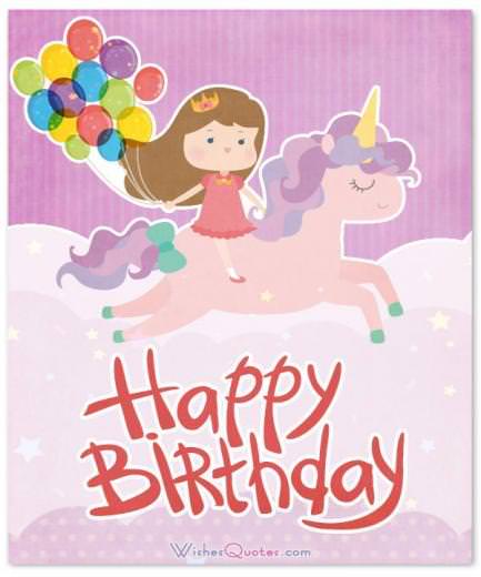 Cute card with birthday wishes, a unicorn and balloons. Happy Birthday, Little Girl!